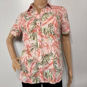 White Stag Green Coral 100% Cotton Tropical Button Down Short Sleeve Shirt Small